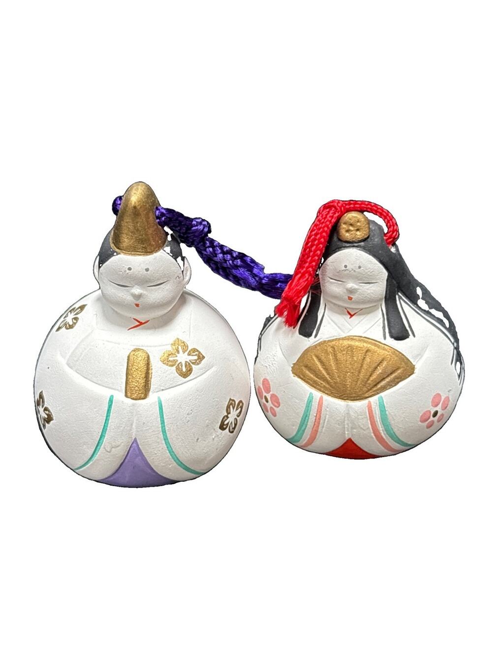 Japanese Hina Doll Dorei Bell Set Vtg Emperor Empress Good Lunch Charm 2” Tall